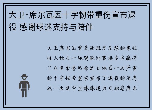 大卫·席尔瓦因十字韧带重伤宣布退役 感谢球迷支持与陪伴 大卫·席尔瓦因十字韧带重伤宣布退役 感谢球迷支持与陪伴